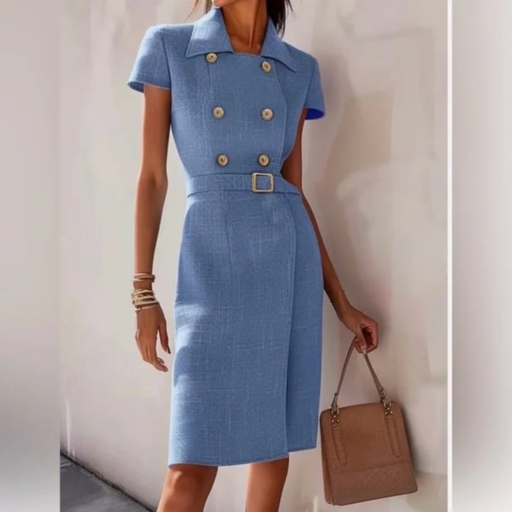 Fehaute Double-Breasted Blue Wrap Midi Dress